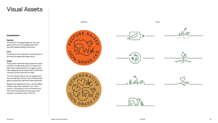 Atkins Ranch brand guidelines visual assets page, symbols, icons, useage.