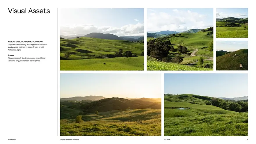 Atkins Ranch brand visual assets page, photography of biodiversity and regenerative farm landscapes, bathed in clean, fresh, bright Aotearoa light.