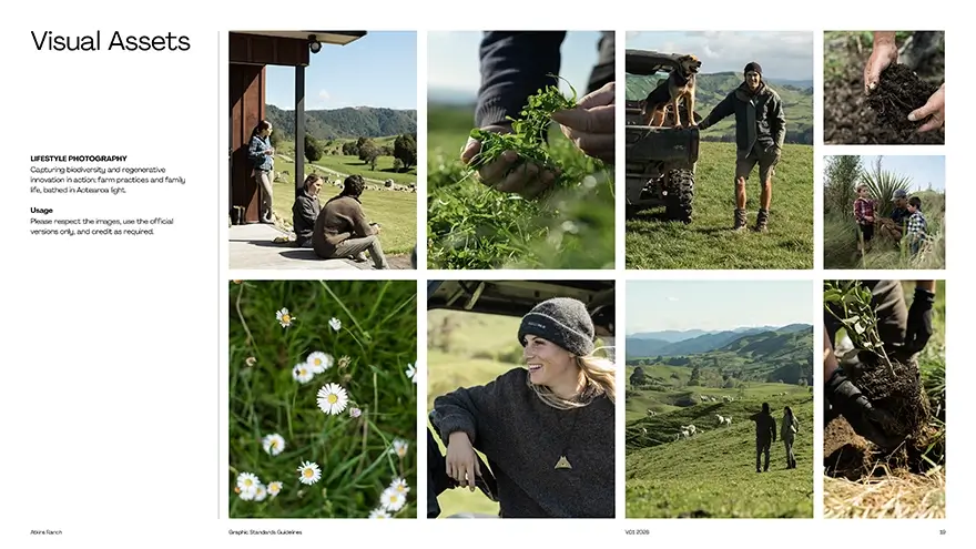 Atkins Ranch brand visual assets page, photography of biodiversity and regenerative innovation in action: farm practices and family life, bathed in Aotearoa light.