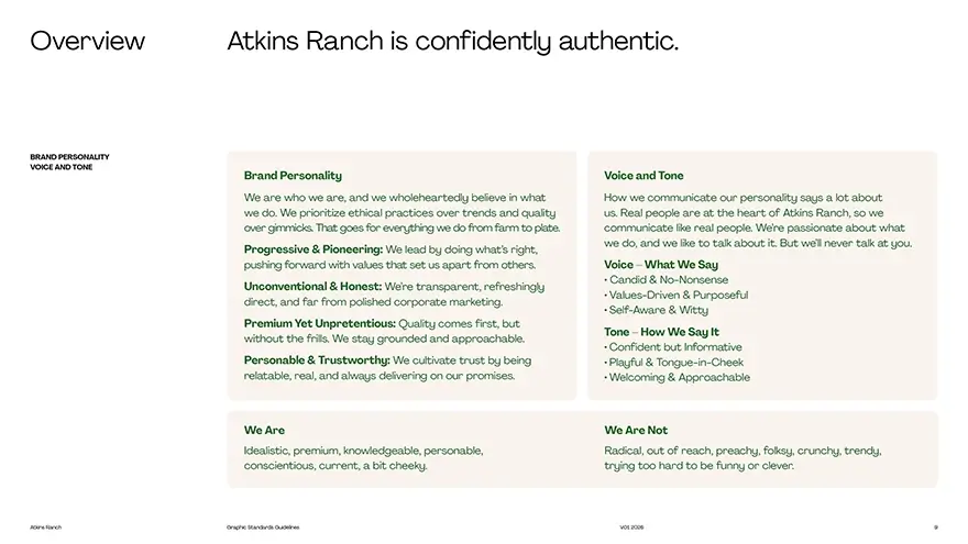 Atkins Ranch brand guidelines overview page, confidently authentic.