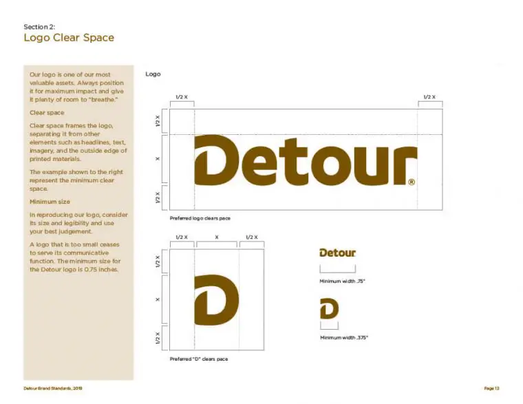 Detour protein bar brand guidelines logo clear space page.