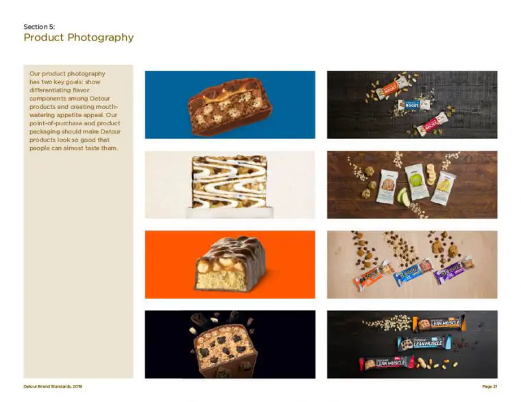 Detour protein bar brand guidelines product photography page.