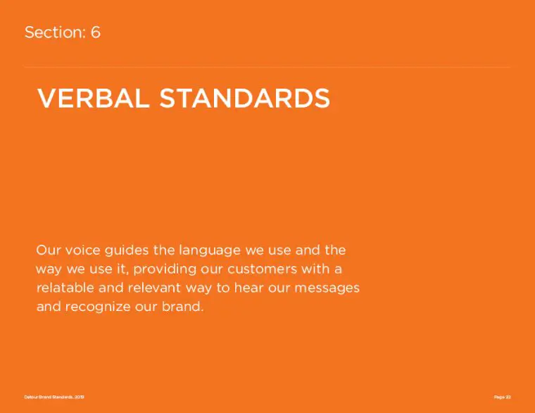 Detour protein bar brand guidelines verbal standards section page.