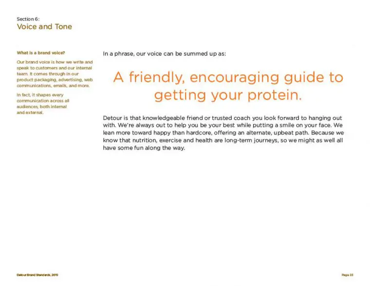 Detour protein bar brand guidelines voice and tone page.