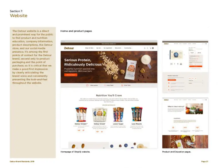 Detour protein bar brand guidelines website design page.