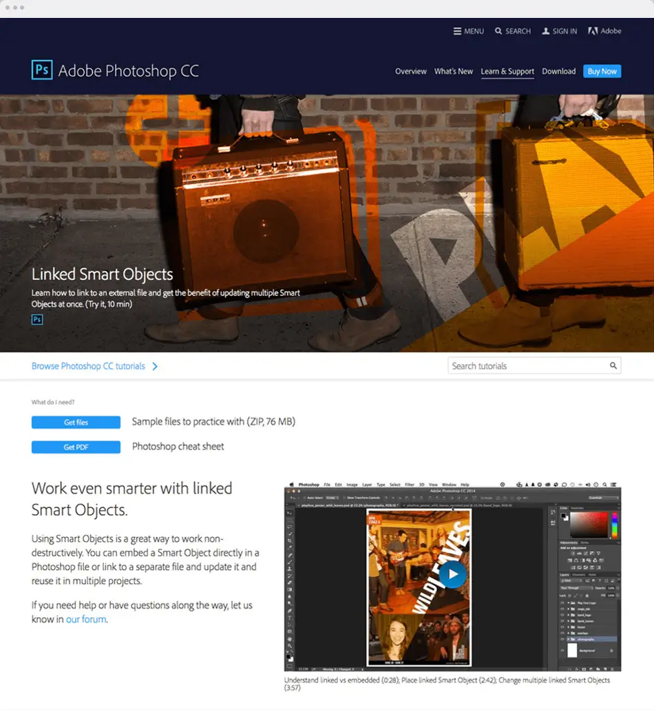 Poster design demo asset shown on Adobe Photoshop website page.