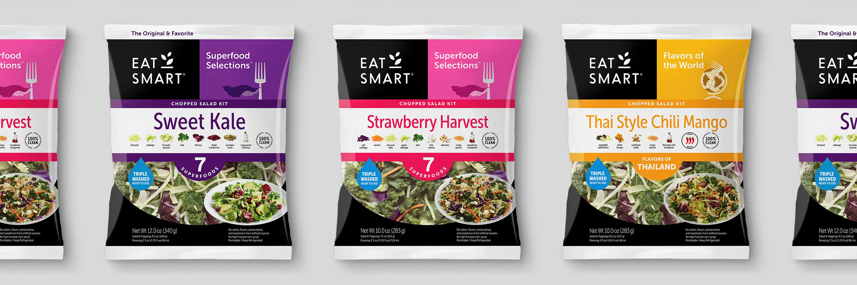 Eat Smart salad bag packaging design system, featuring Sweet Kale, Strawberry Harvest, and Thai Style Chil Mango flavors.