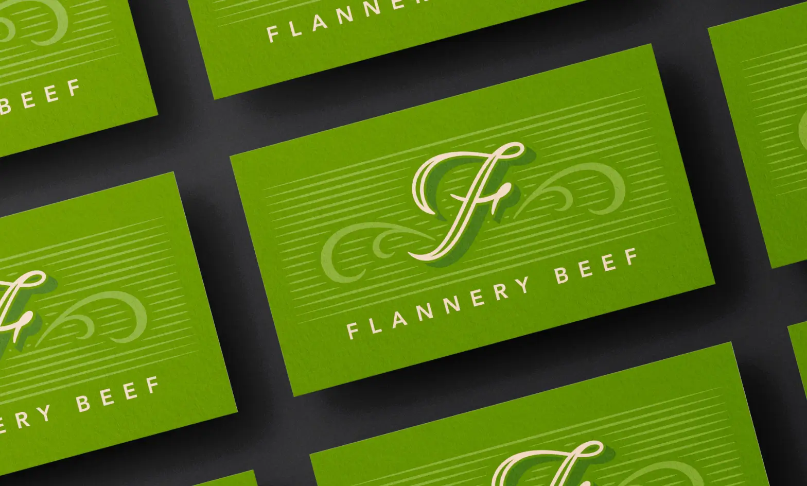 Flannery Beef brand identity shown on business card design.