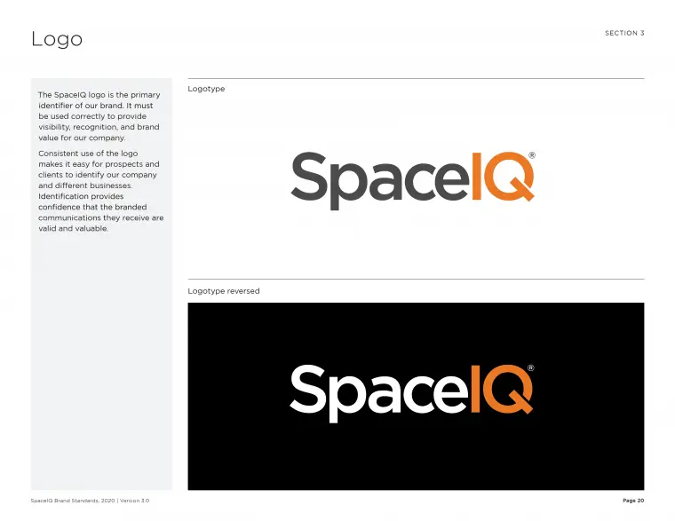 SpaceIQ Brand Standards, logo page.