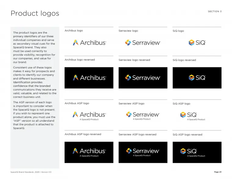 SpaceIQ Brand Standards, product logos page.