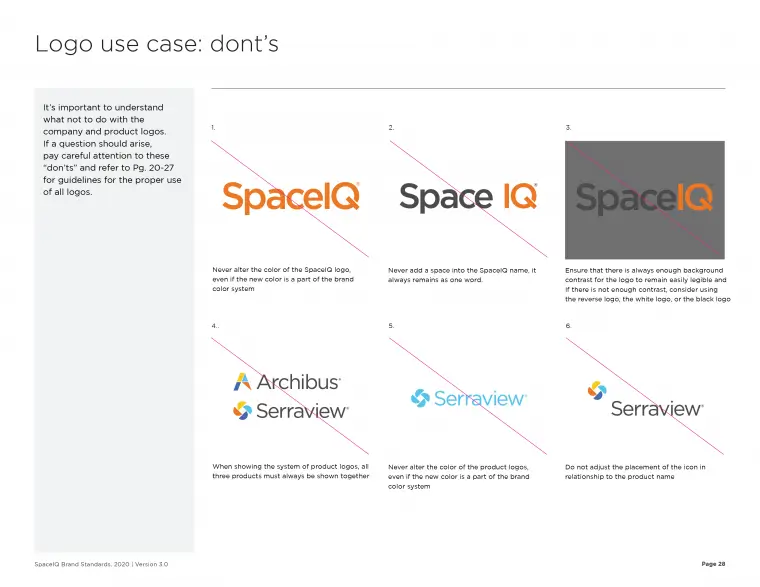 SpaceIQ Brand Standards, logo use case: dont's page.