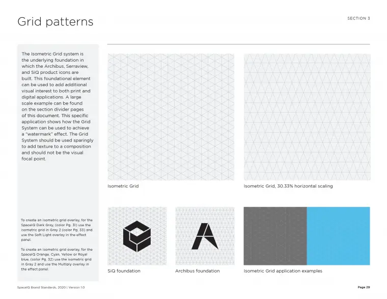 SpaceIQ Brand Standards, grid patterns page.