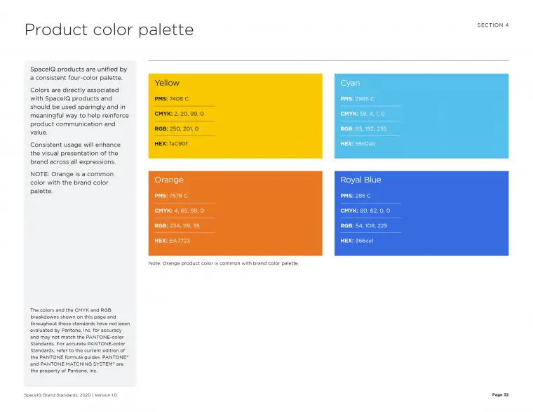 SpaceIQ Brand Standards, product color palette page.