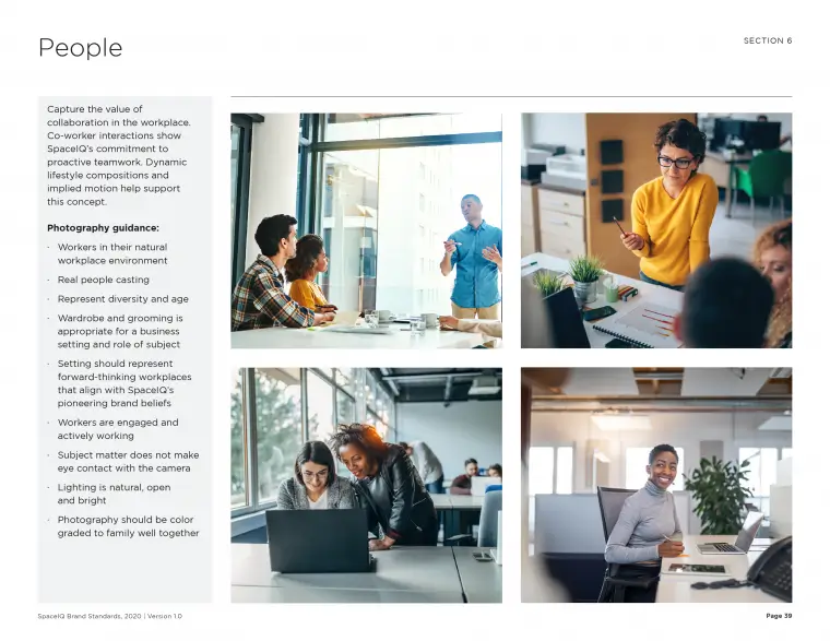 SpaceIQ Brand Standards, photography guidance page for people.