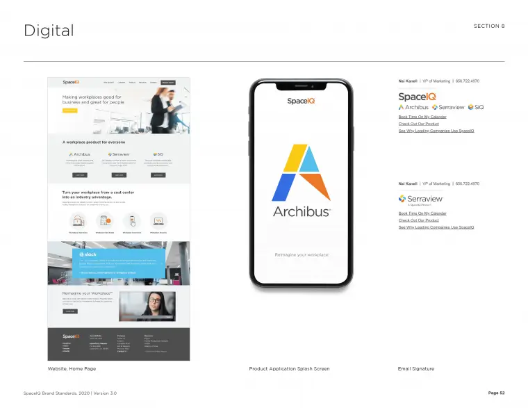 SpaceIQ Brand Standards, digital design examples featuring desktop and mobile websites.