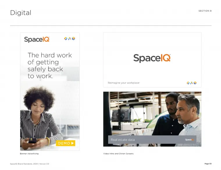 SpaceIQ Brand Standards, digital design examples featuring banner advertising, video intro, and Chiron screens.