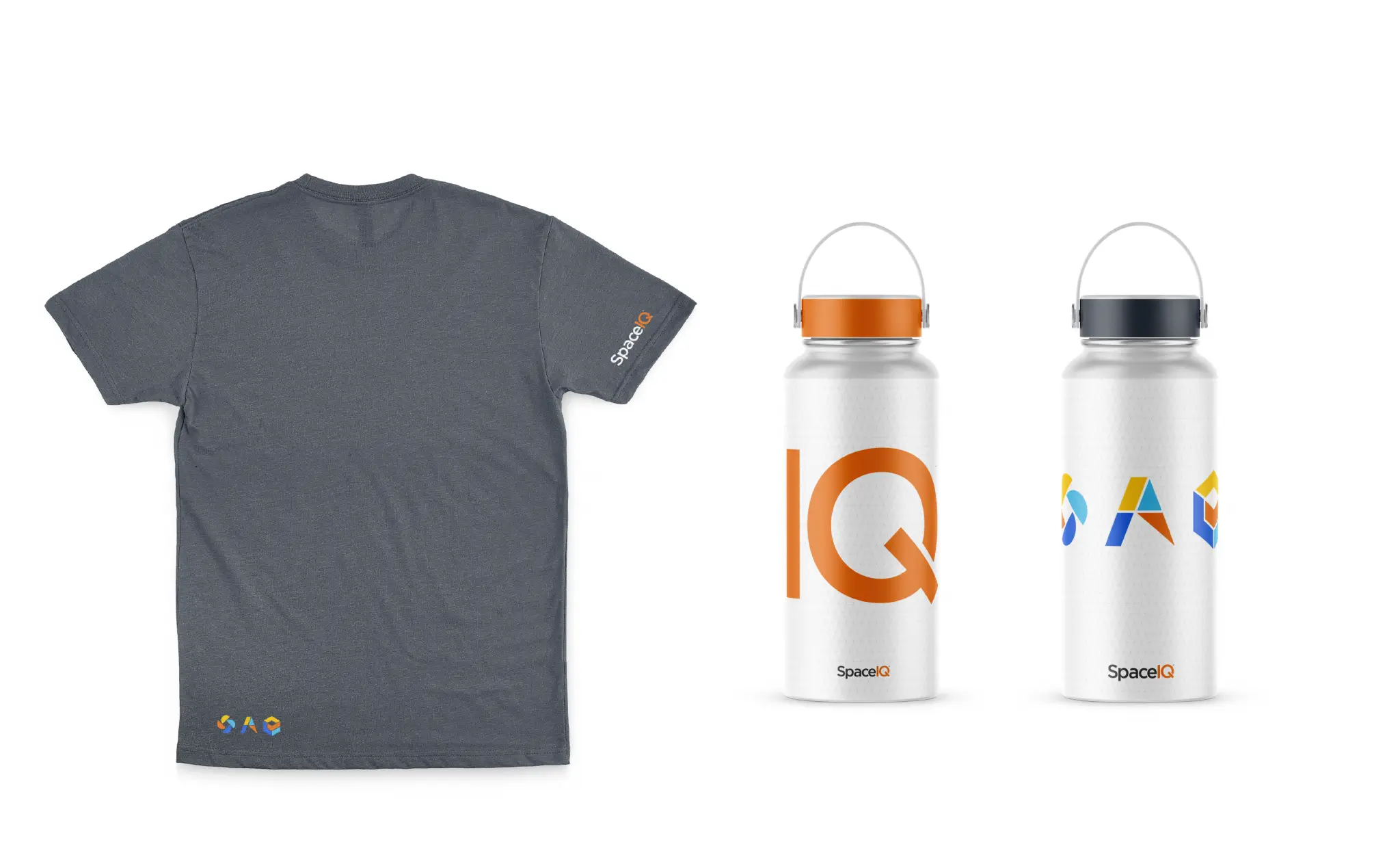 SpaceIQ tradeshow promotional items, branded t-shirt and water bottles.